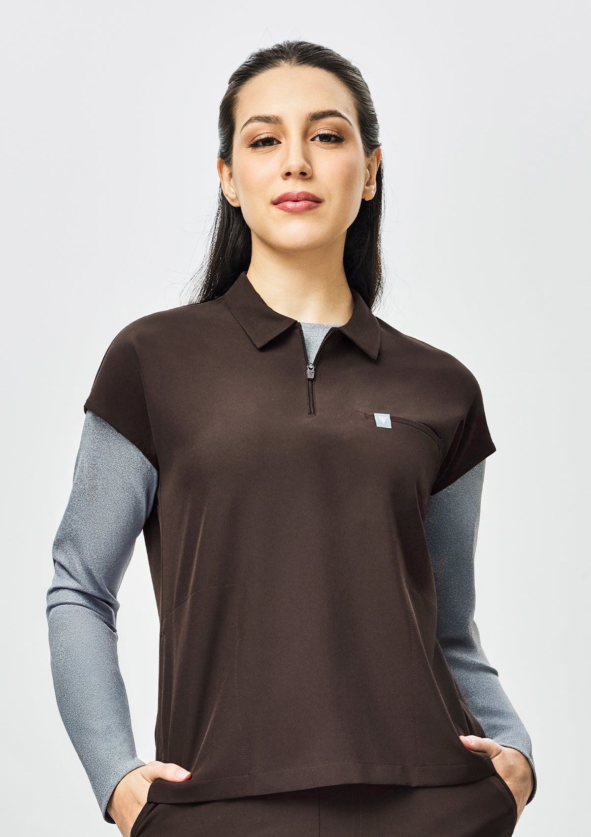 Zip-Up Polo MoveTech® Scrub Top - Women / Espresso