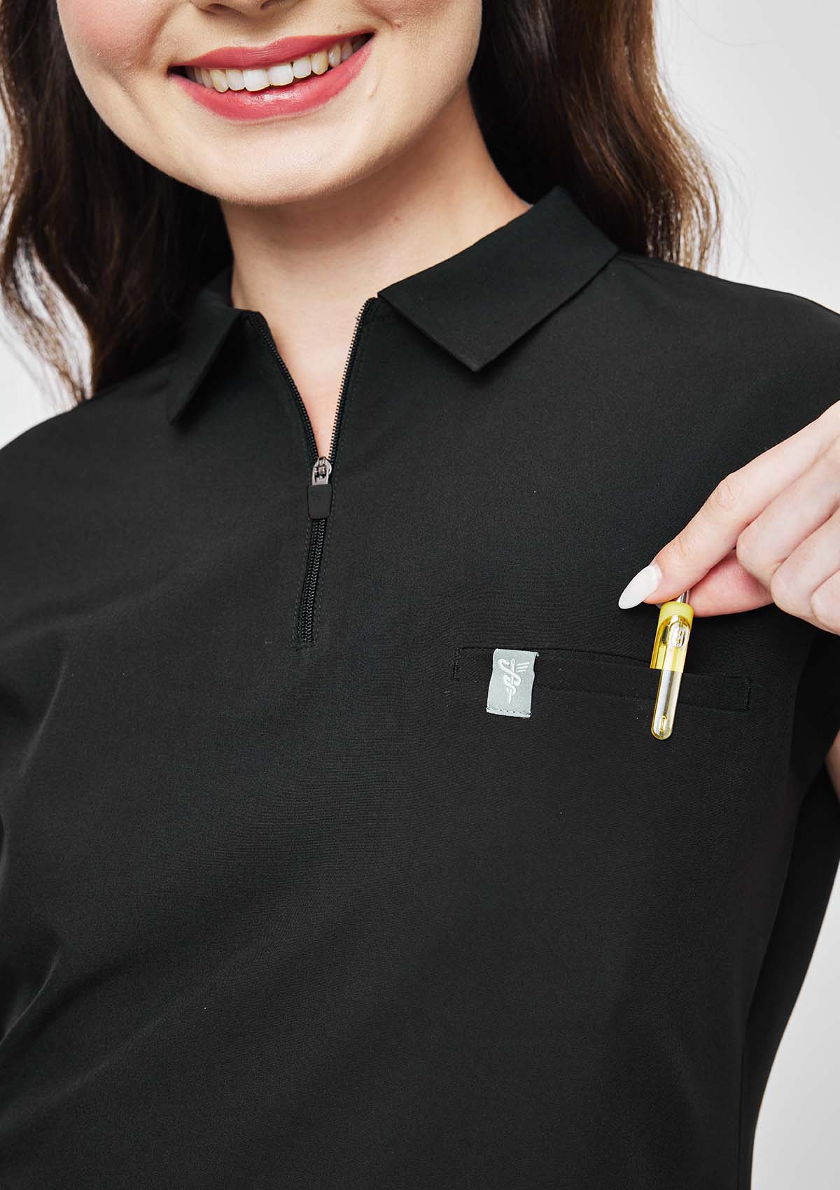 Zip-Up Polo MoveTech® Scrub Top - Women / So Black
