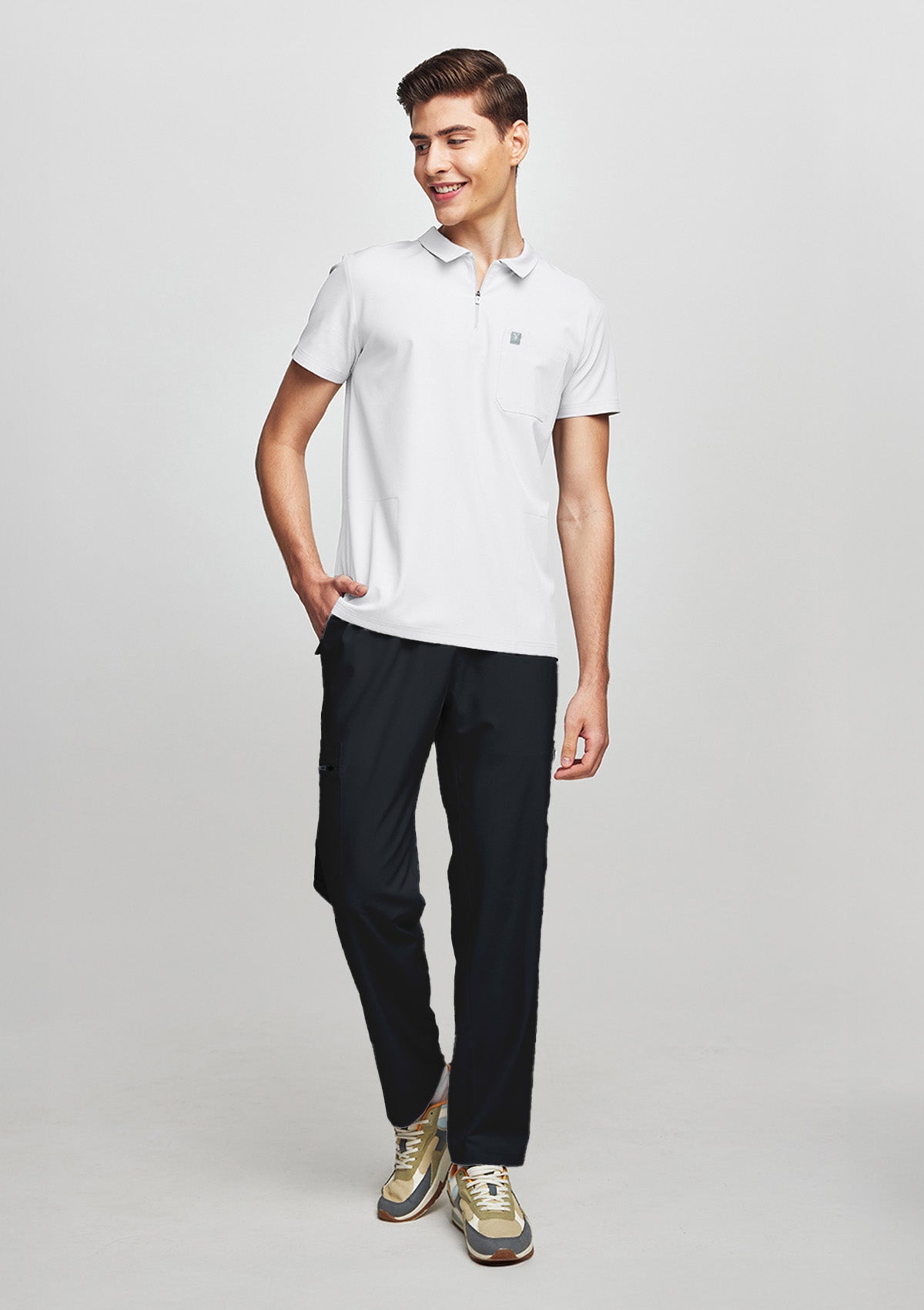 Zip-Up Polo MoveTech® Scrub Top - Men / Industrial White