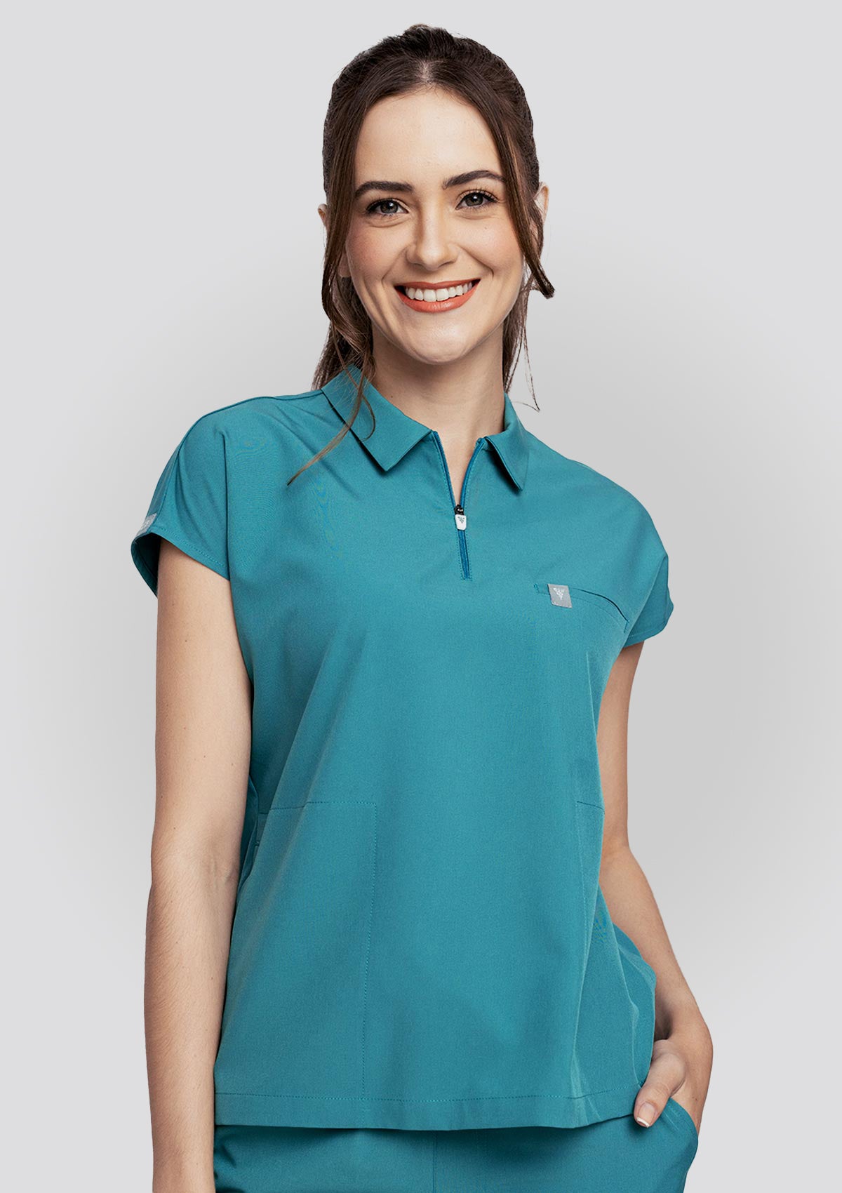 Zip-Up Polo MoveTech® Scrub Top - Women / Seafoam