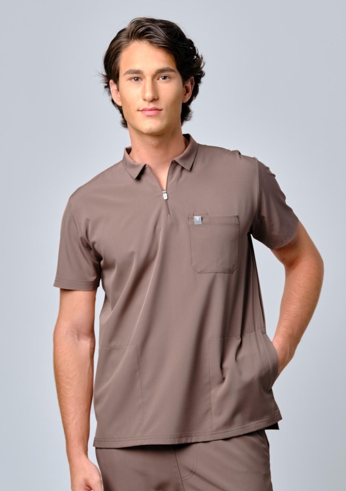 Zip-Up Polo MoveTech® Scrub Top - Men / Taupe