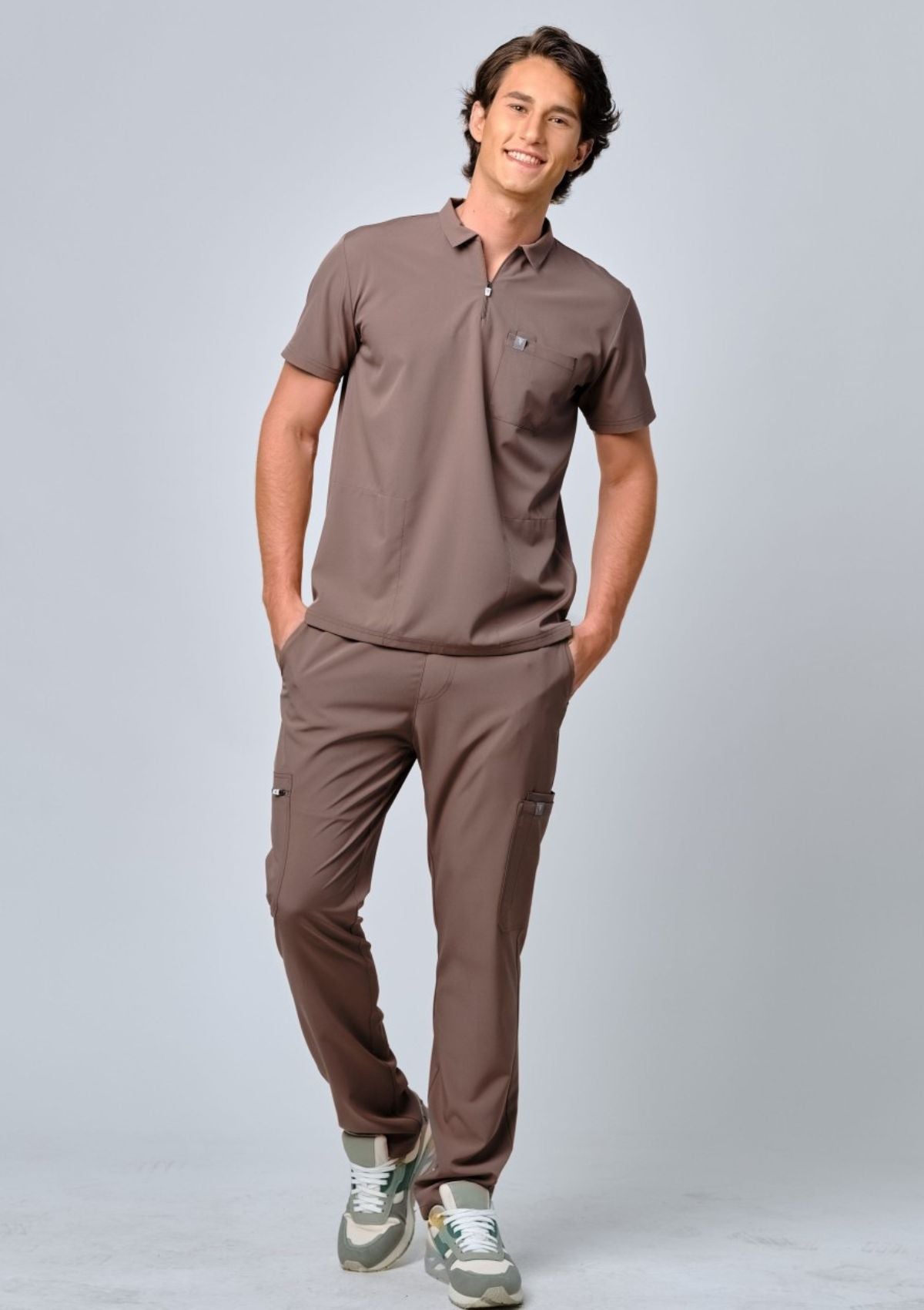 Zip-Up Polo MoveTech® Scrub Top - Men / Taupe