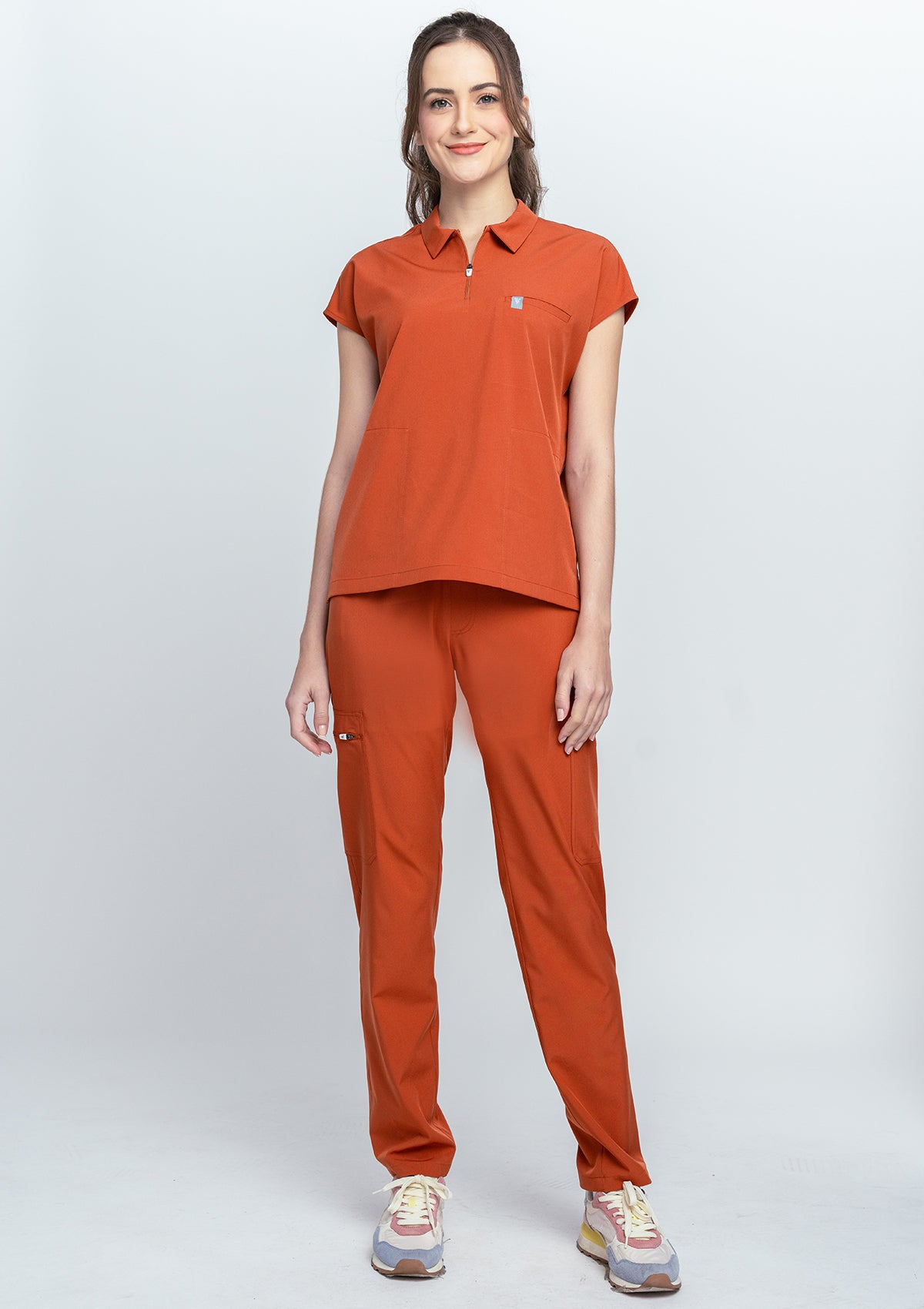 Zip-Up Polo MoveTech® Scrub Top - Women / Terracotta
