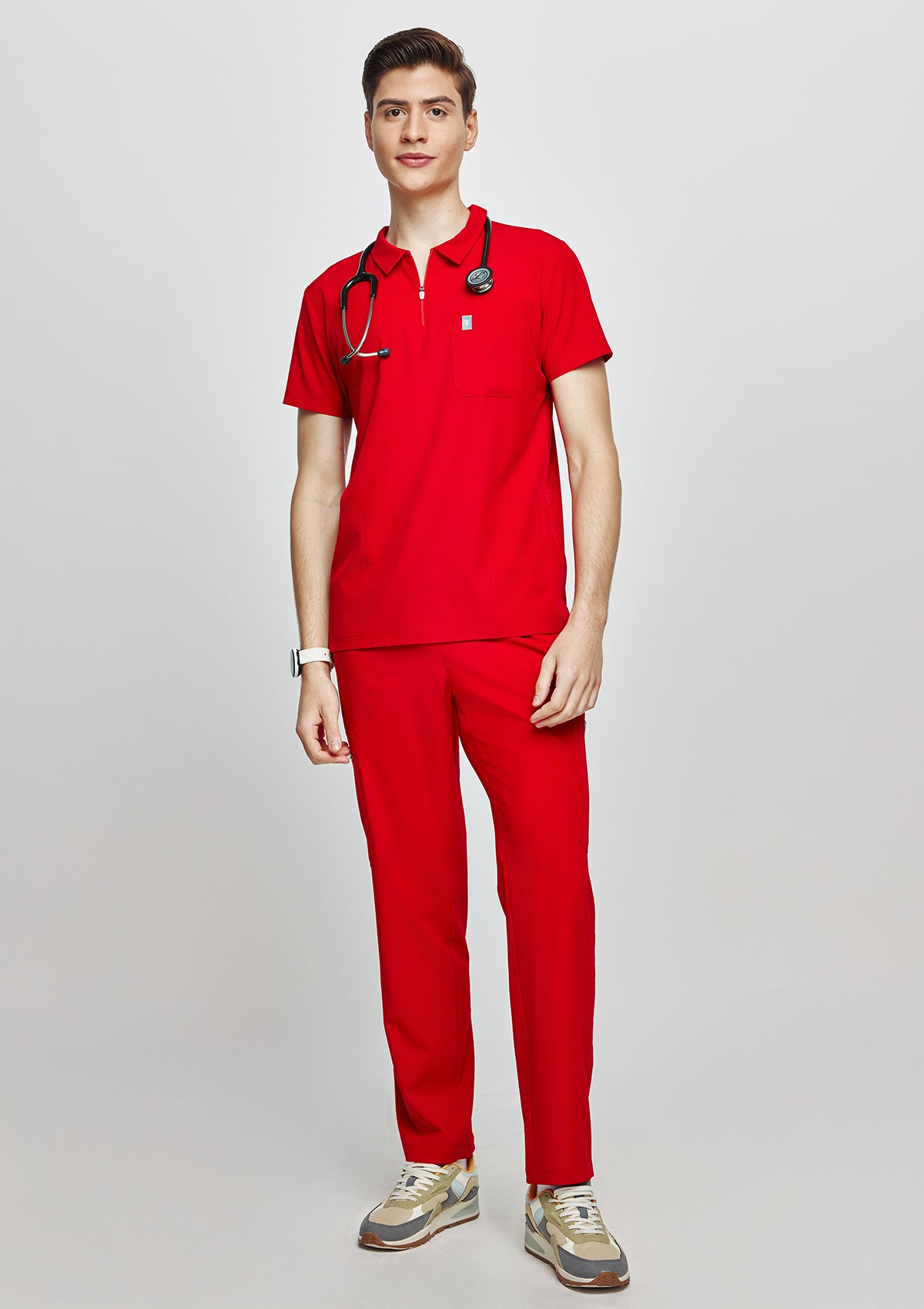 Zip-Up Polo MoveTech® Scrub Top - Men / Cherry Pop