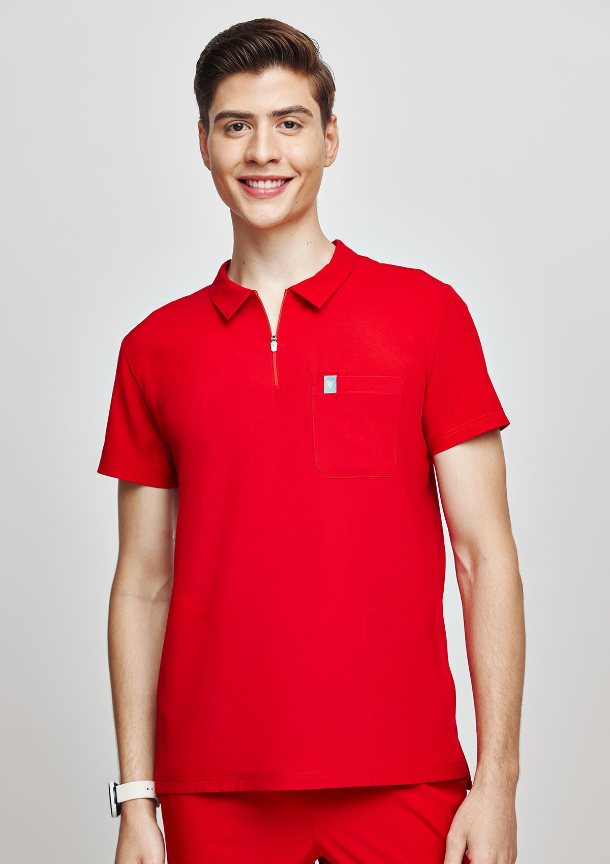 Zip-Up Polo MoveTech® Scrub Top - Men / Cherry Pop