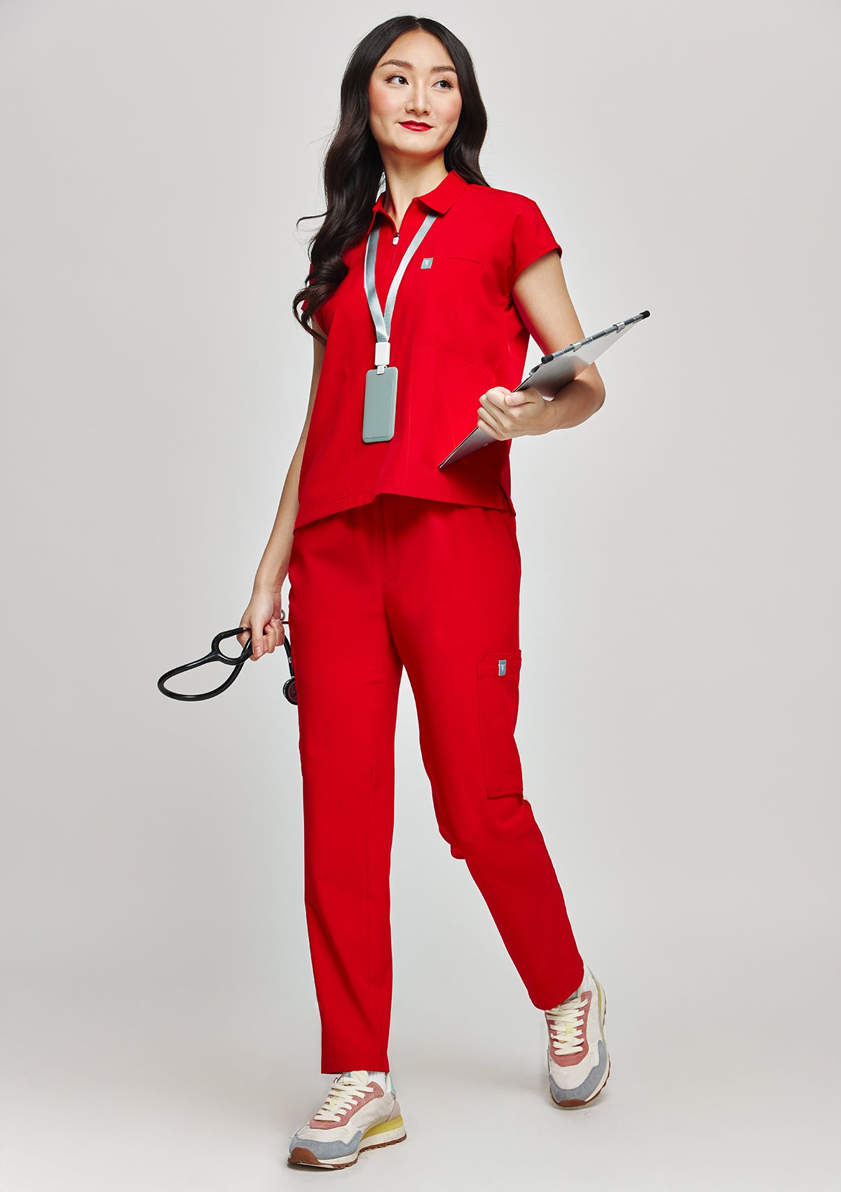 Zip-Up Polo MoveTech® Scrub Top - Women / Cherry Pop