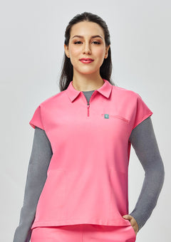 Zip-Up Polo MoveTech® Scrub Top - Women / Hyper Pink