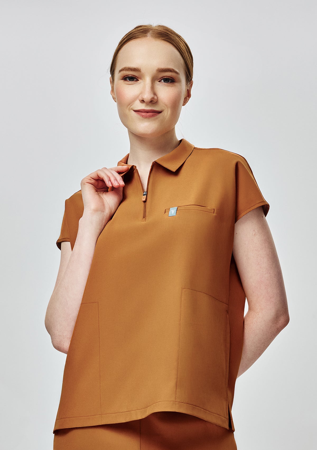 Zip-Up Polo MoveTech® Scrub Top - Women / Caramel