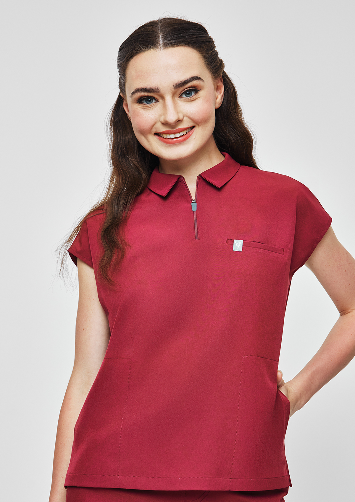 Zip-Up Polo MoveTech® Scrub Top - Women / Garnet