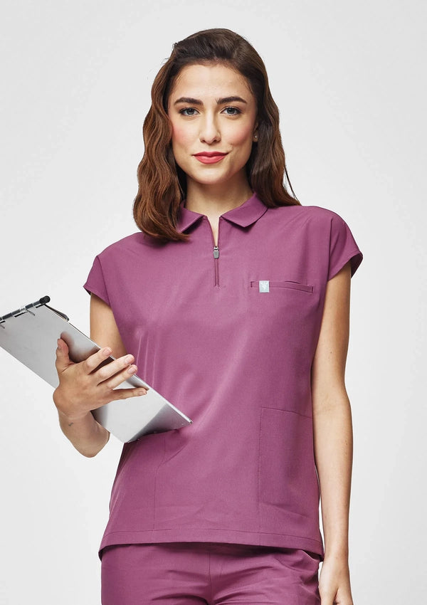 Zip Up Polo MoveTech® Scrub Top - Women / Mauve