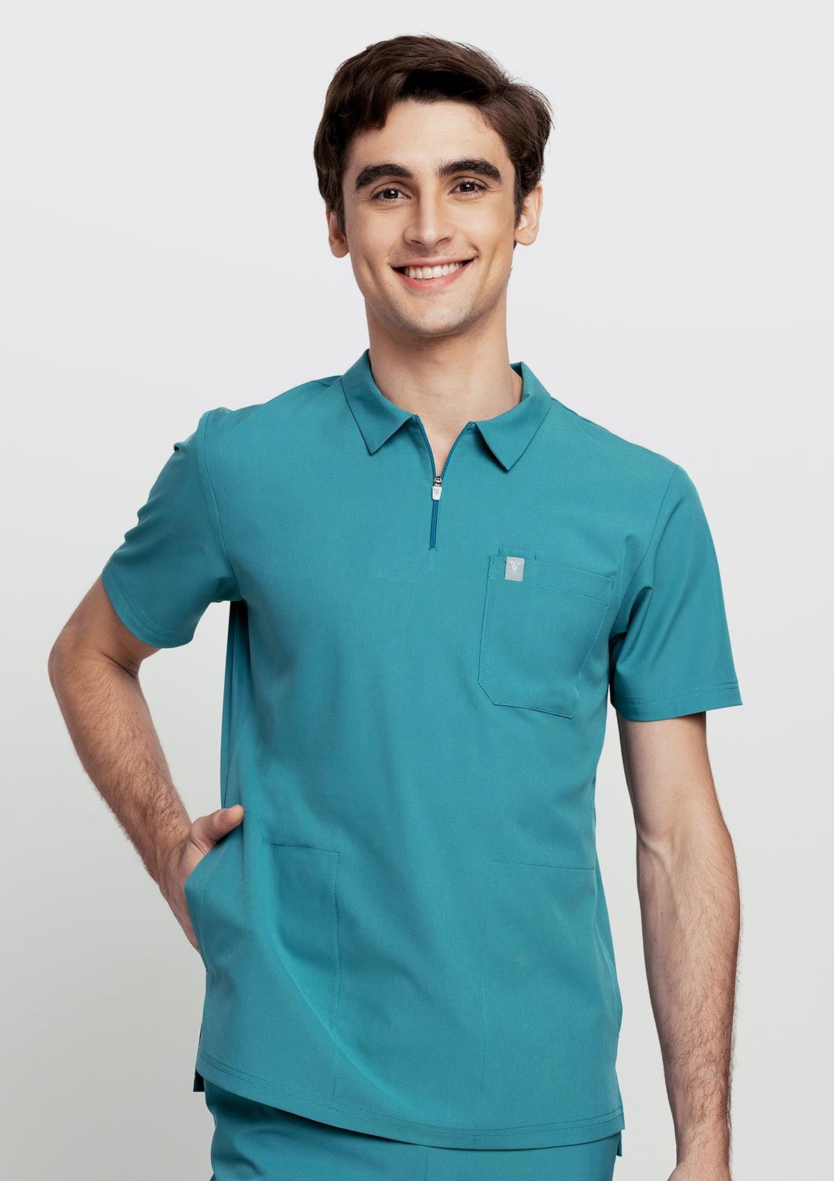 Zip-Up Polo MoveTech® Scrub Top - Men / Seafoam