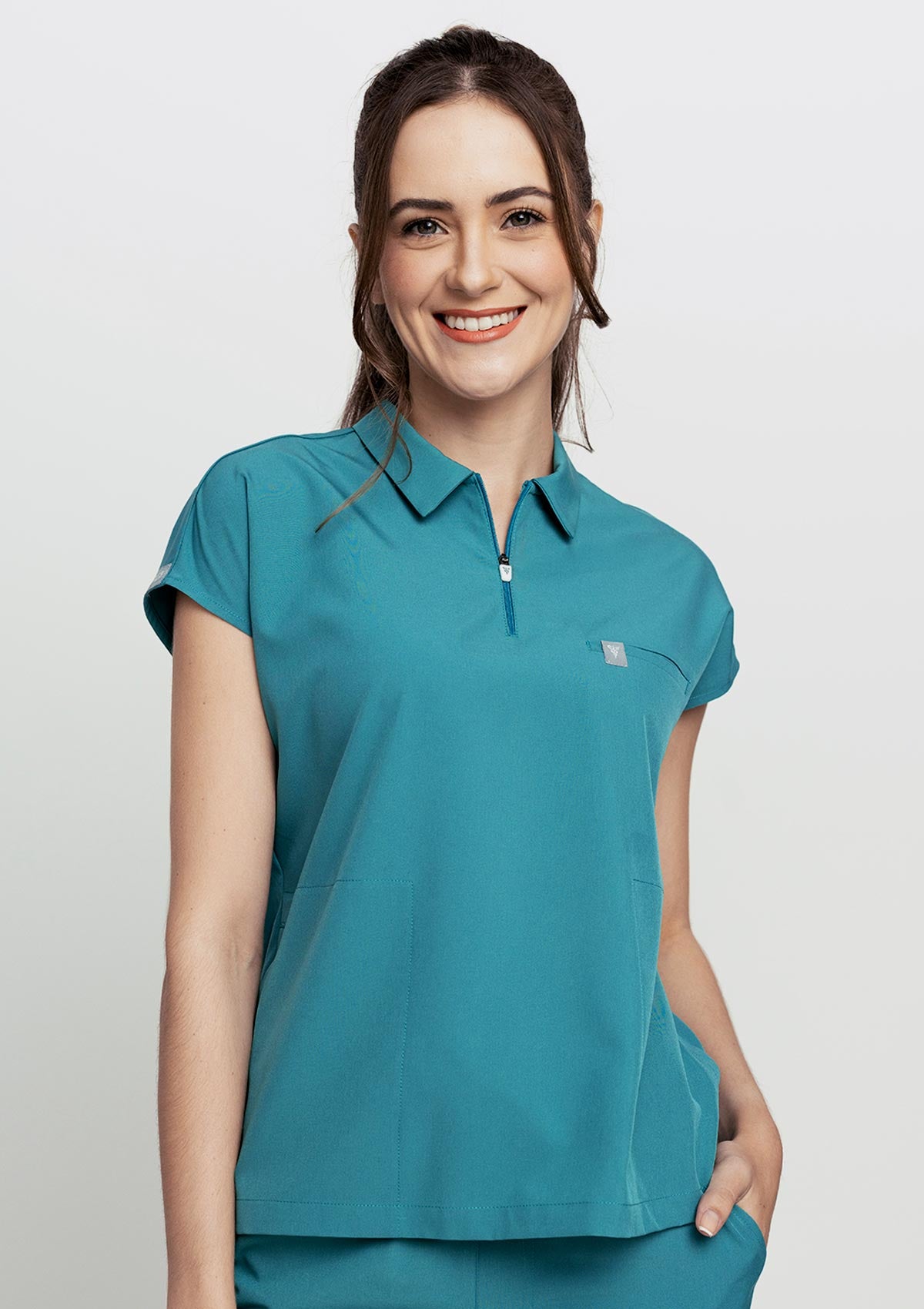 Zip-Up Polo MoveTech® Scrub Top - Women / Seafoam