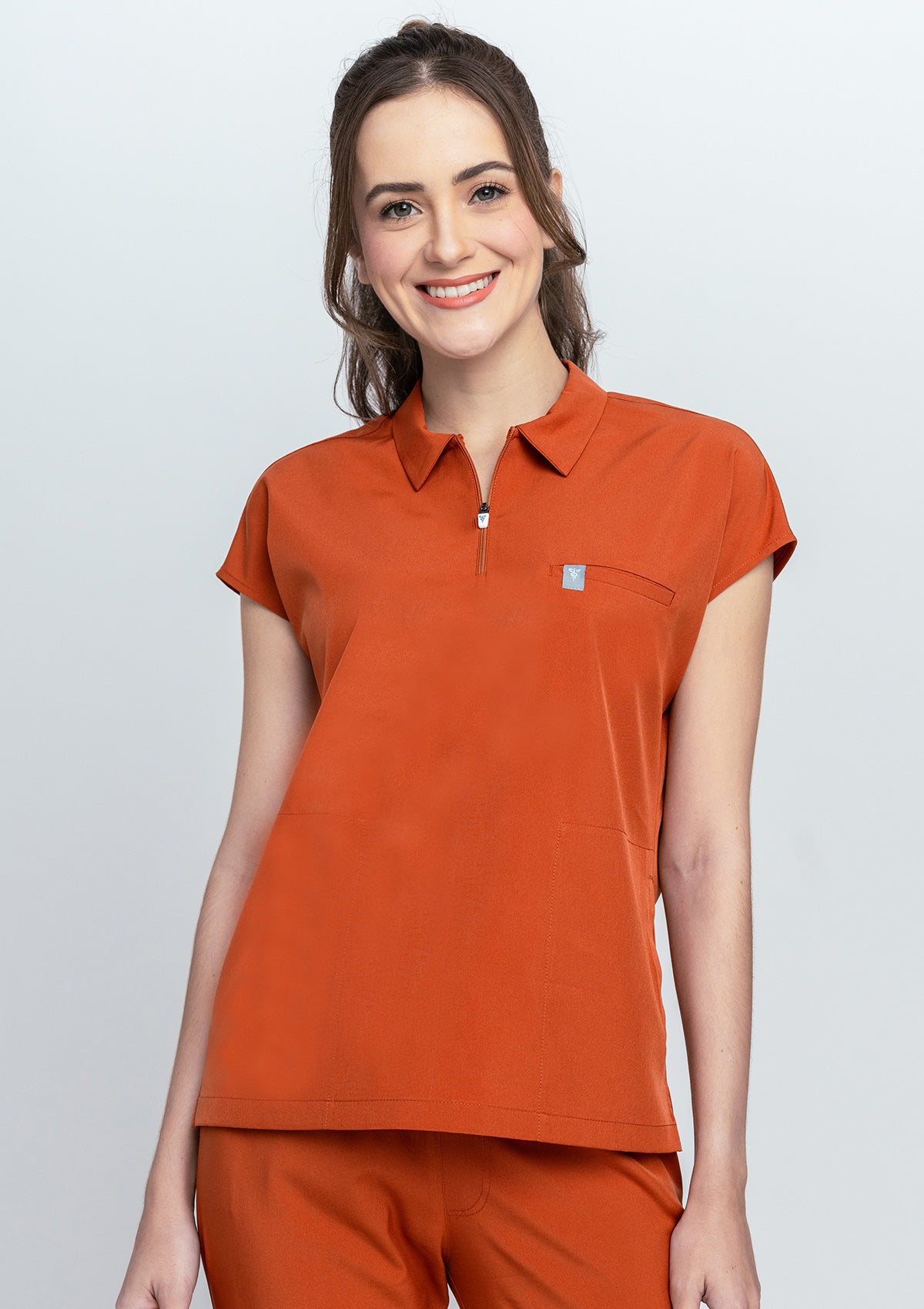 Zip-Up Polo MoveTech® Scrub Top - Women / Terracotta